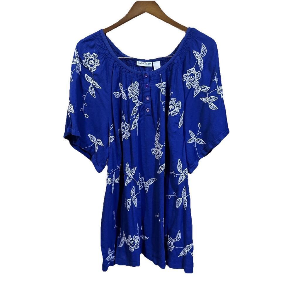 Catherines Gauzy Cotton Tunic Women's Size 2X Blue Embroidered Flowy Boho